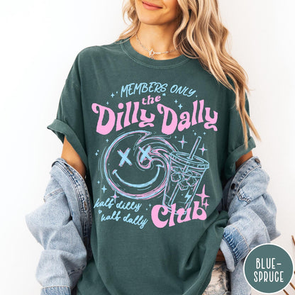 Comfort Colors tee in Blue Spruce featuring retro style graphic with a smiley face and iced coffee cup