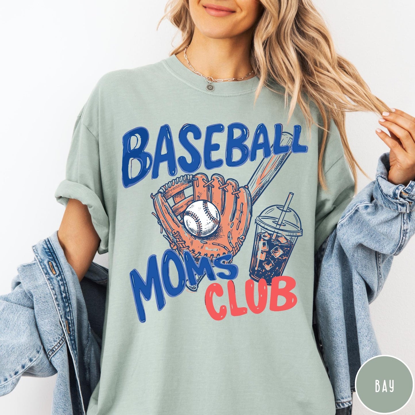 Comfort Colors tee in Bay featuring baseball mom graphic with glove, ball, bat, and iced coffee