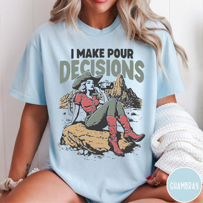 Comfort Colors tee in Chambray featuring western style graphic of a cowgirl sitting on a rock drinking