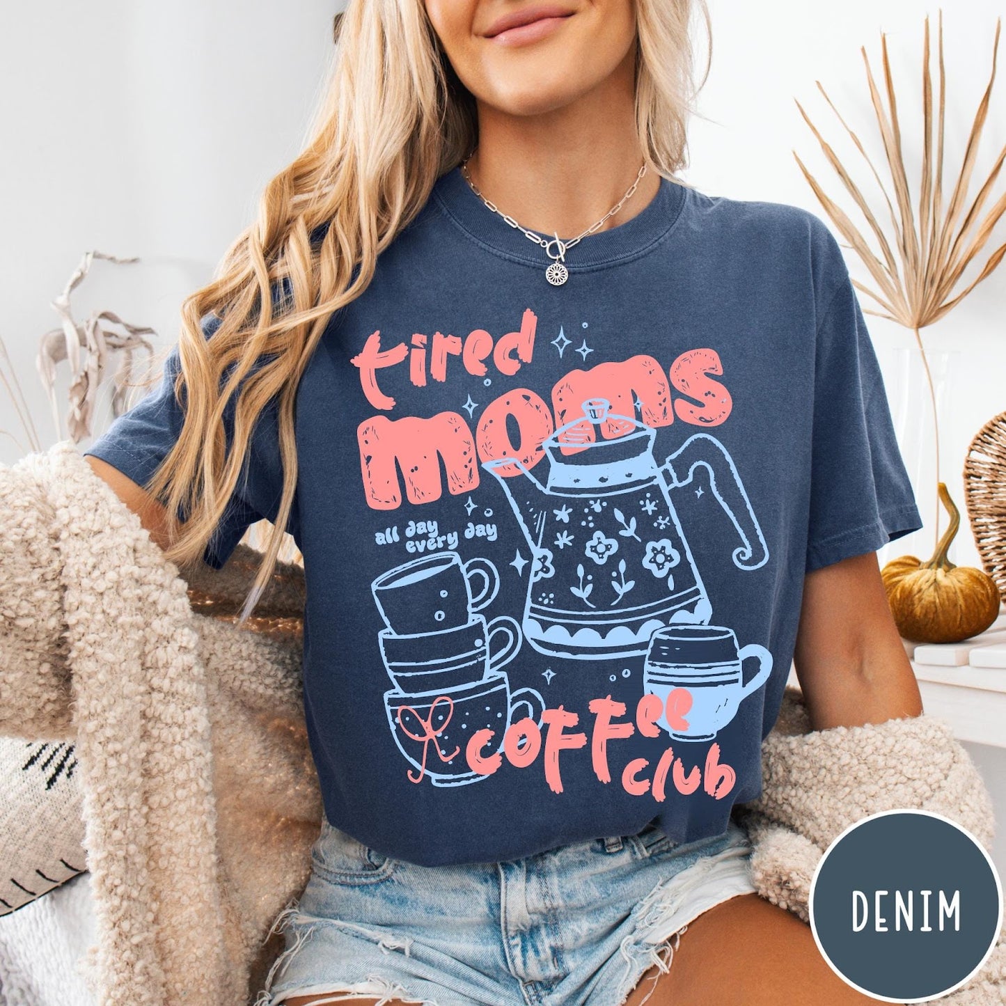 Comfort Colors tee in Denim featuring coffee themed graphic with teapot and stacked mugs and text design