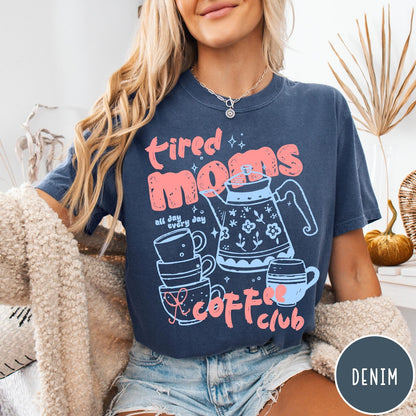 Comfort Colors tee in Denim featuring coffee themed graphic with teapot and stacked mugs and text design