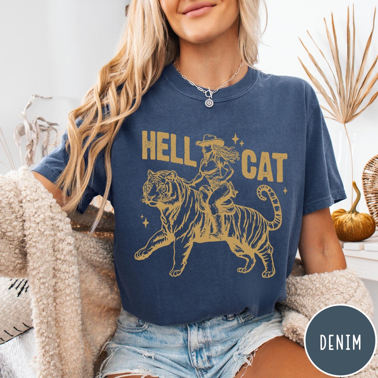 Comfort Colors tee in Denim featuring western style graphic of a cowgirl riding a large tiger