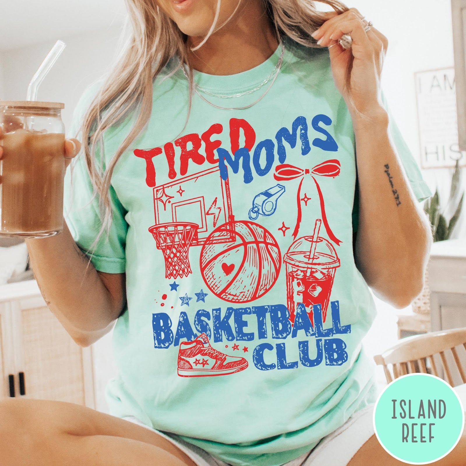 Comfort Colors tee in Island Reef featuring basketball mom life graphic with hoop, ball, and sneakers