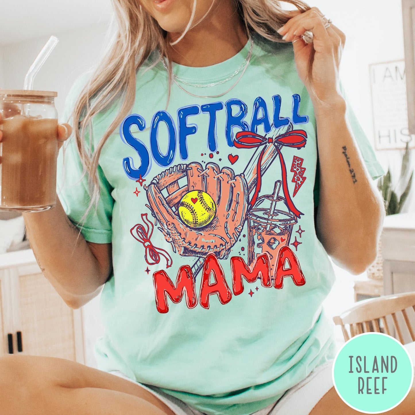 Comfort Colors tee in Island Reef featuring softball mom graphic with glove, ball, and iced coffee design