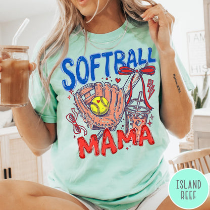 Comfort Colors tee in Island Reef featuring softball mom graphic with glove, ball, and iced coffee design