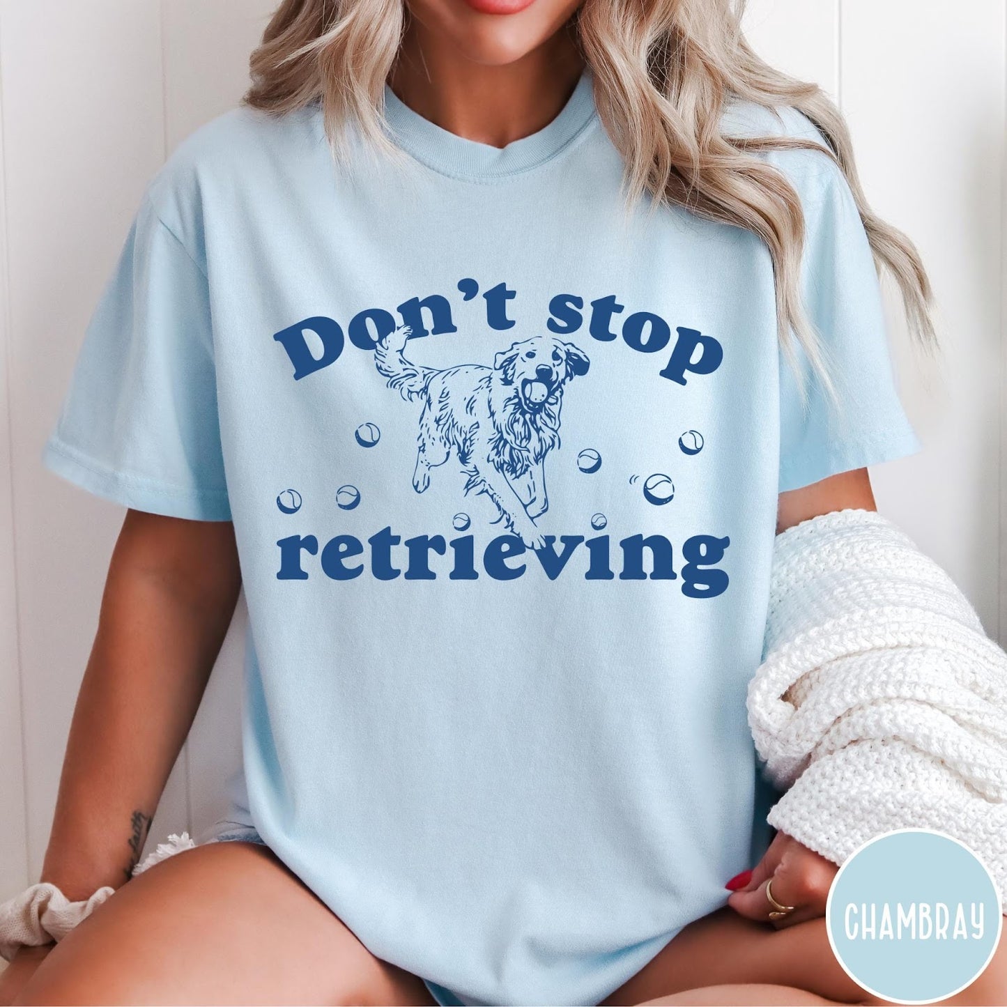 Comfort Colors tee in Chambray featuring screen print style graphic of a Golden Retriever with tennis balls