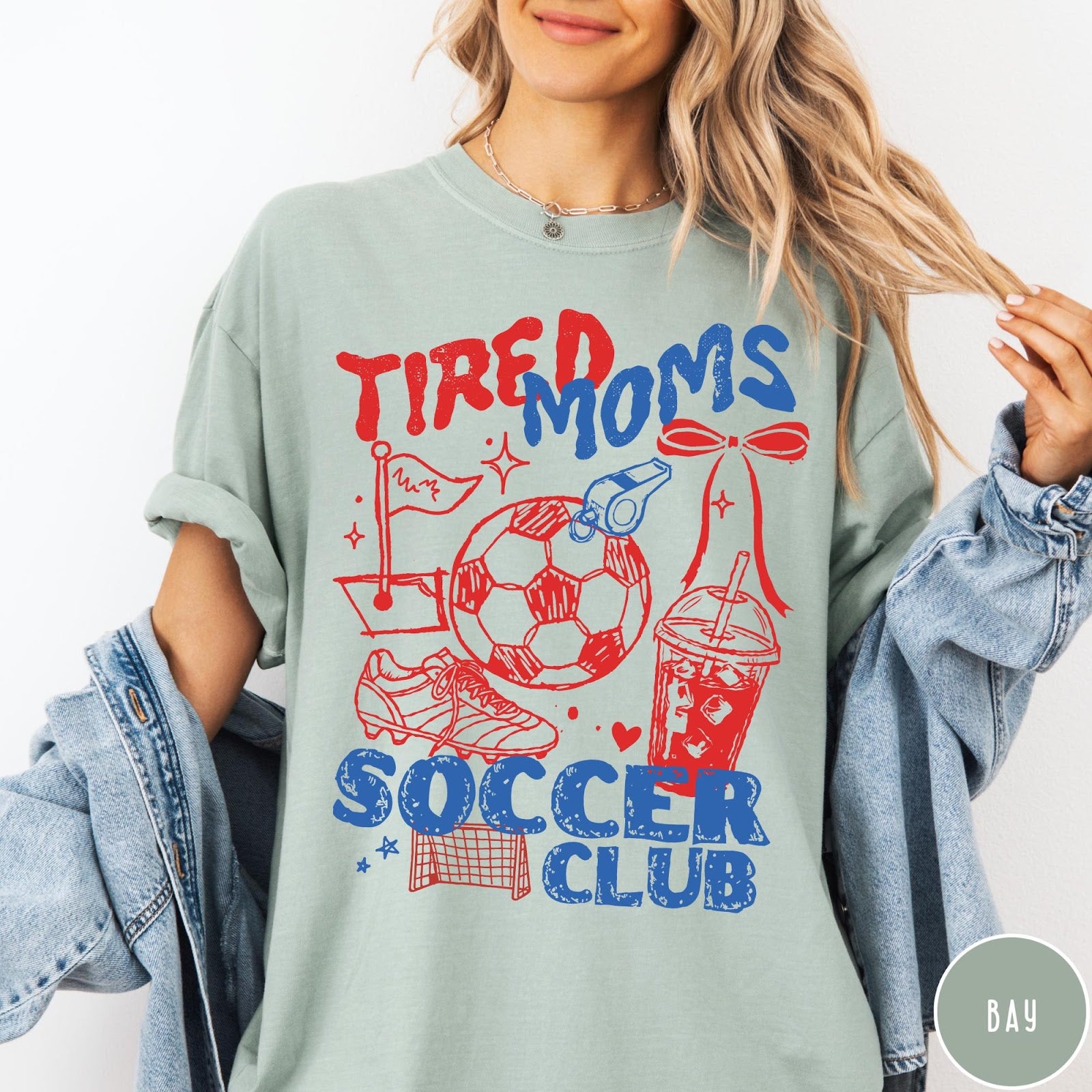 Comfort Colors tee in Bay featuring soccer mom life graphic with soccer ball and iced coffee