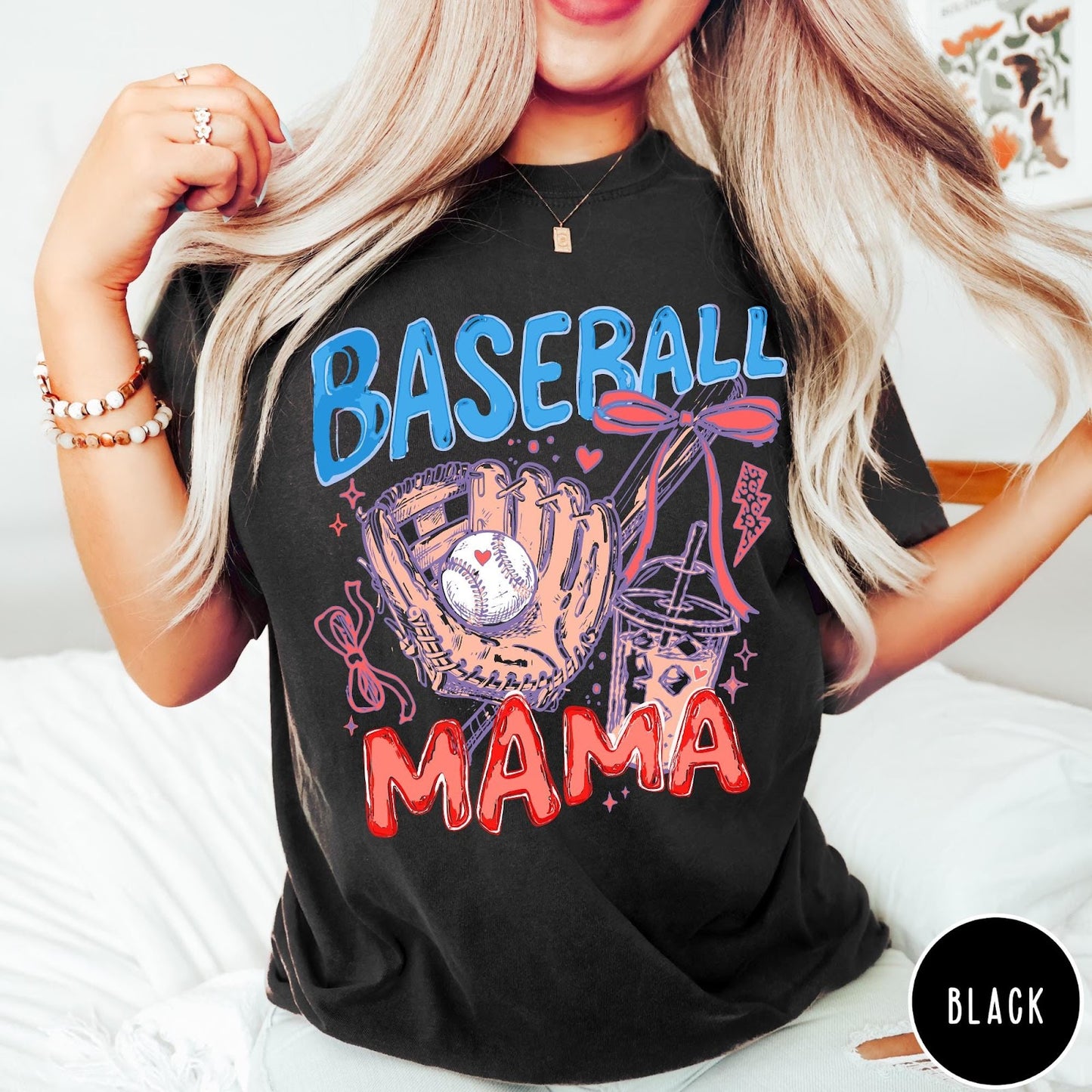 Comfort Colors tee in Black featuring baseball graphic with glove, iced coffee, and red bows