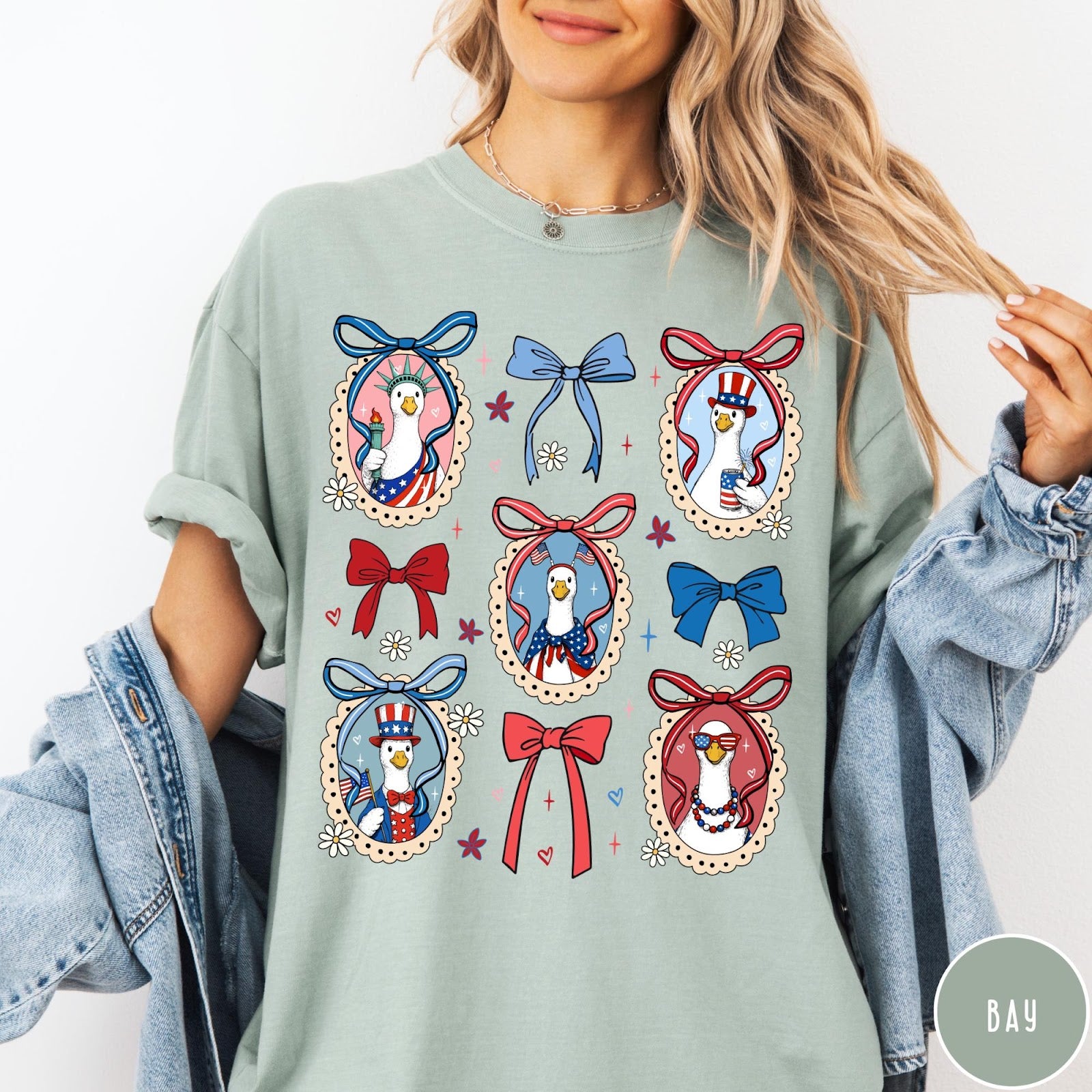 Comfort Colors tee in Bay featuring coquette design with patriotic geese in frames and bows