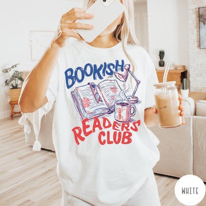 Comfort Colors tee in White featuring bookish reading graphic with open book, lamp, and coffee mug