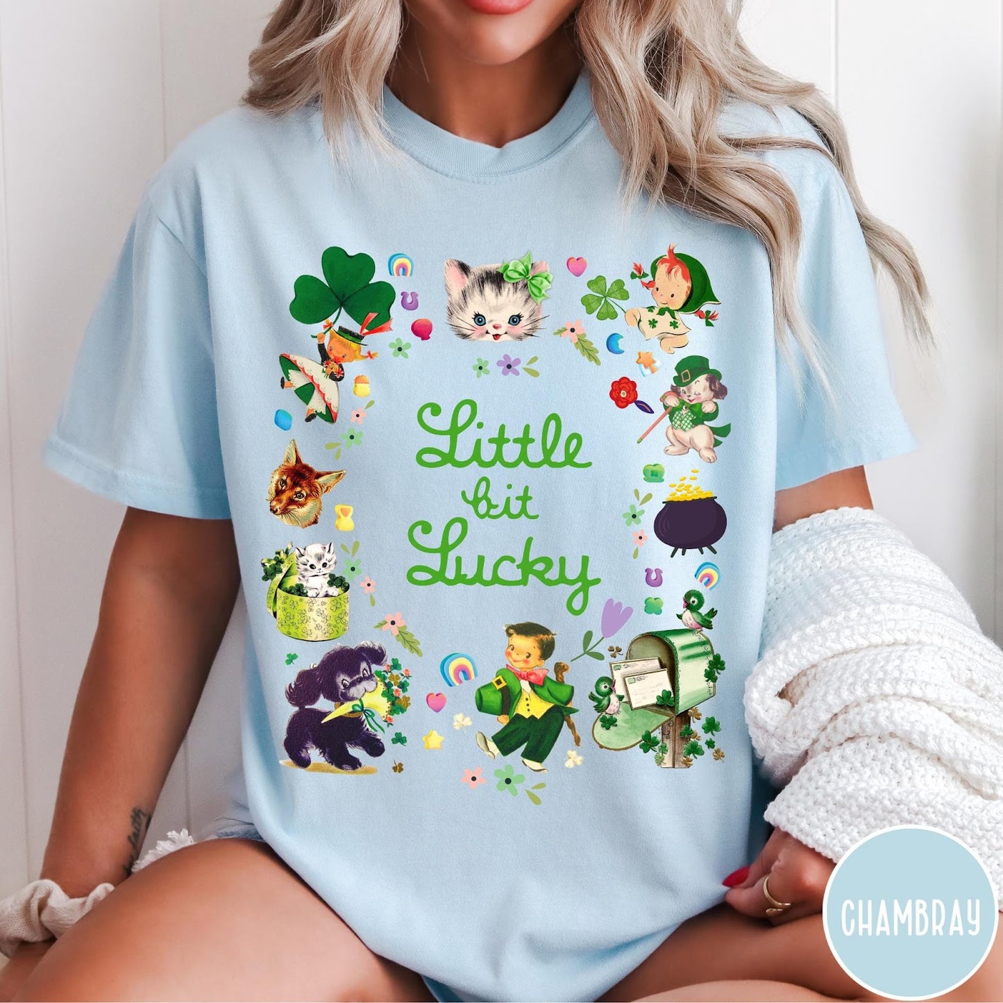 Comfort Colors tee in Chambray featuring St. Patrick's Day collage with kittens, leprechauns, and festive holiday icons