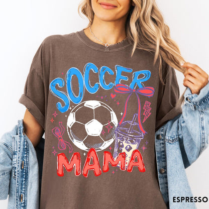 Comfort Colors tee in Espresso featuring soccer design with a soccer ball and iced coffee graphic