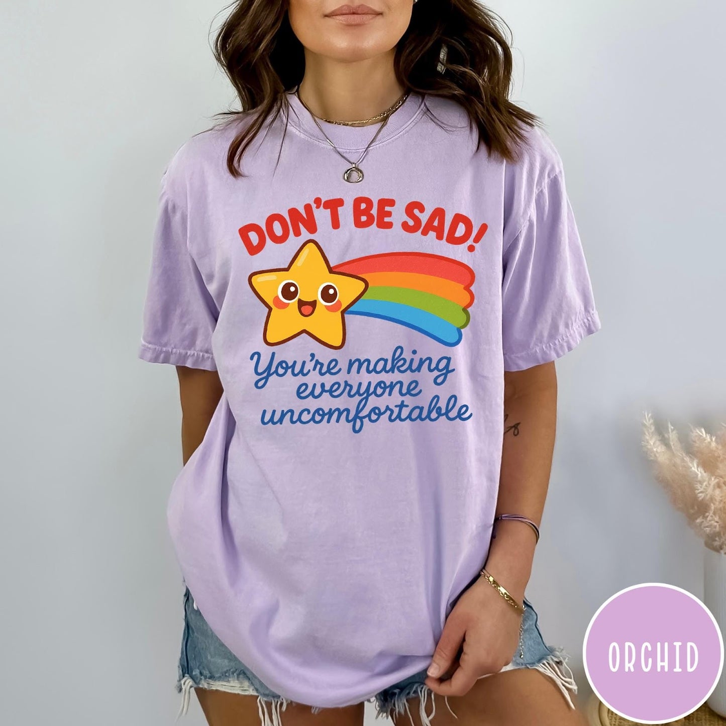 Comfort Colors tee in Orchid featuring cute shooting star graphic with Don't Be Sad text
