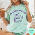 Comfort Colors tee in Island Reef featuring kitten design with butterfly and flowers and text Rage Consumes Me