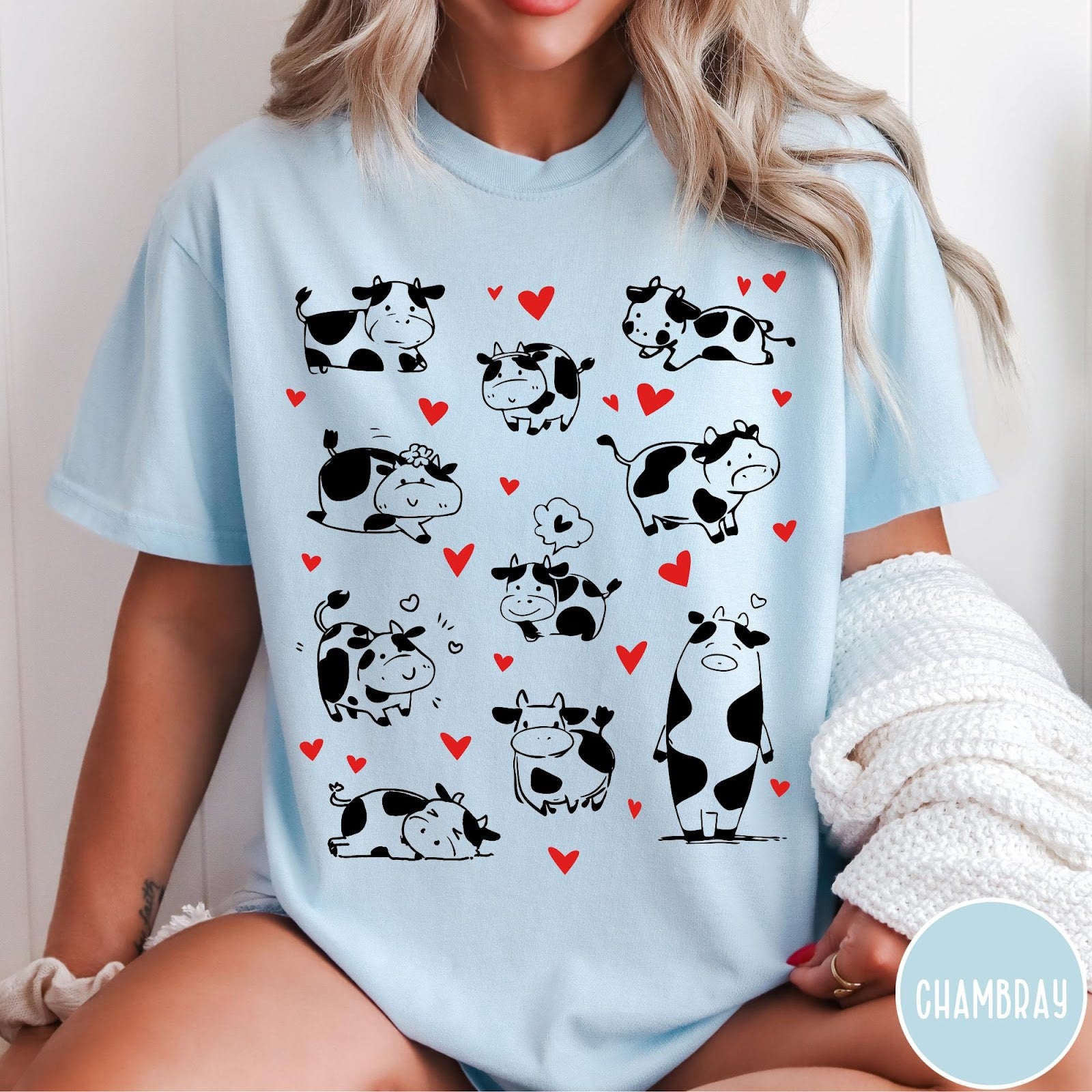 Comfort Colors tee in Chambray featuring cute cow lover graphic with various black and white cow illustrations
