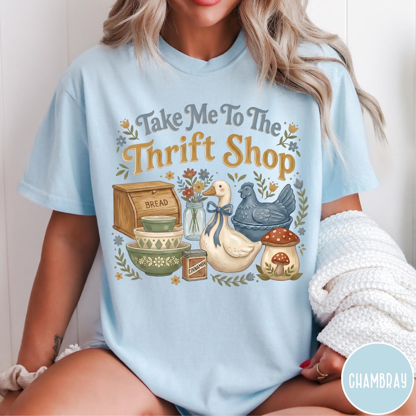 Comfort Colors tee in Chambray featuring vintage kitchenware graphic with bread box, bowls, goose, and mushroom.