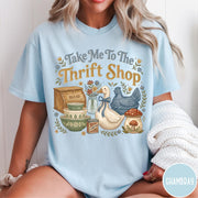 Comfort Colors tee in Chambray featuring vintage kitchenware graphic with bread box, bowls, goose, and mushroom.