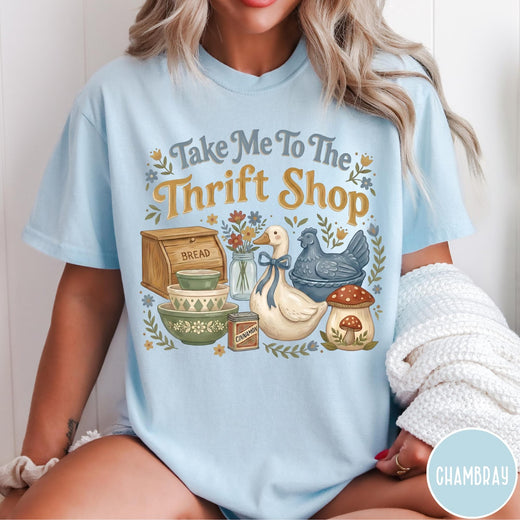 Comfort Colors tee in Chambray featuring vintage kitchenware graphic with bread box, bowls, goose, and mushroom.