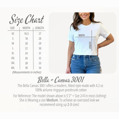 Bella Canvas 3001 size chart showing width and length measurements for sizes XS through 4XL