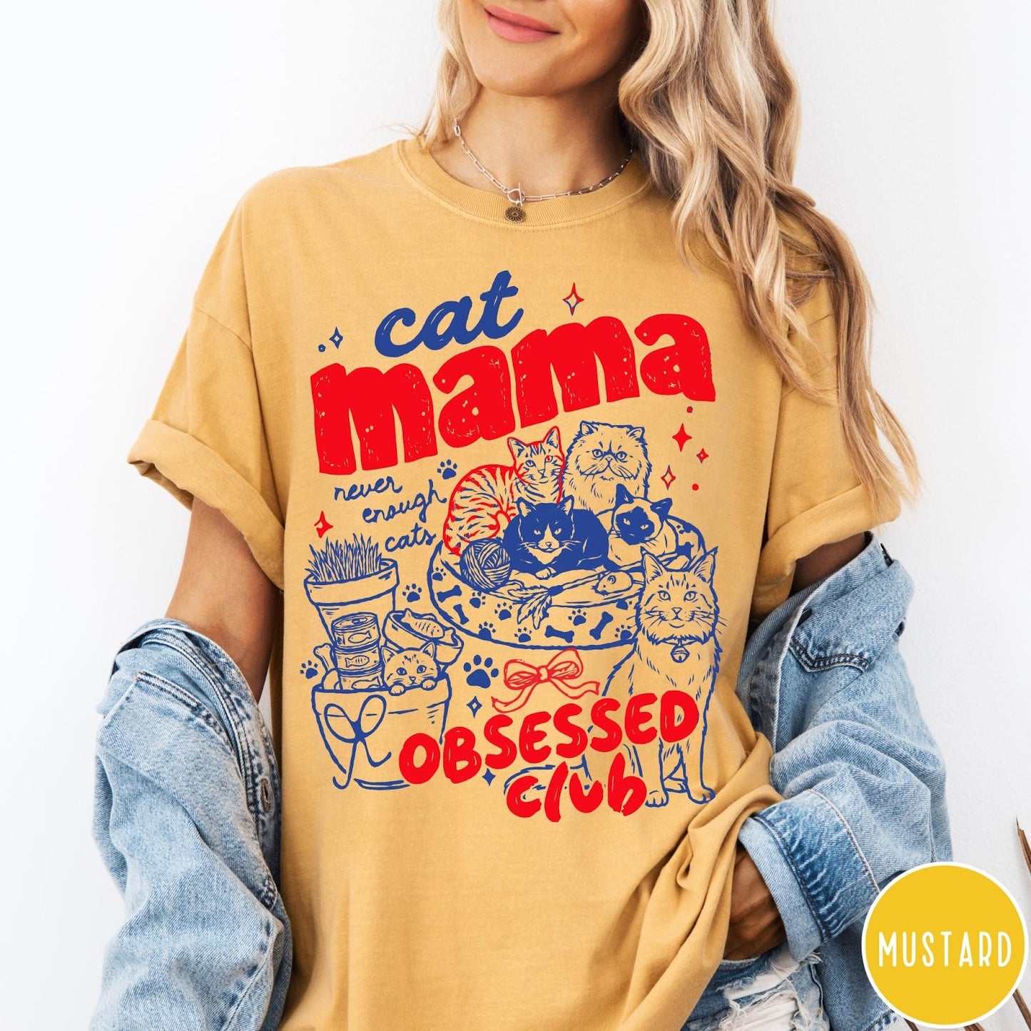 Comfort Colors tee in Mustard featuring cat mama club graphic with multiple cats and red blue ink