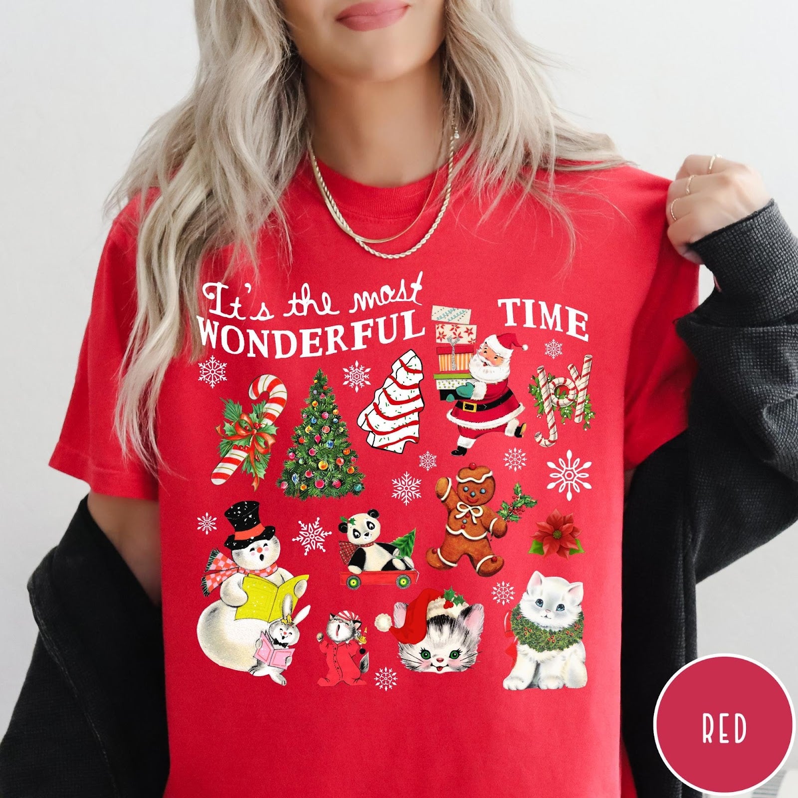 Comfort Colors tee in Red featuring Christmas collage graphic with Santa, snowman, animals, and holiday icons