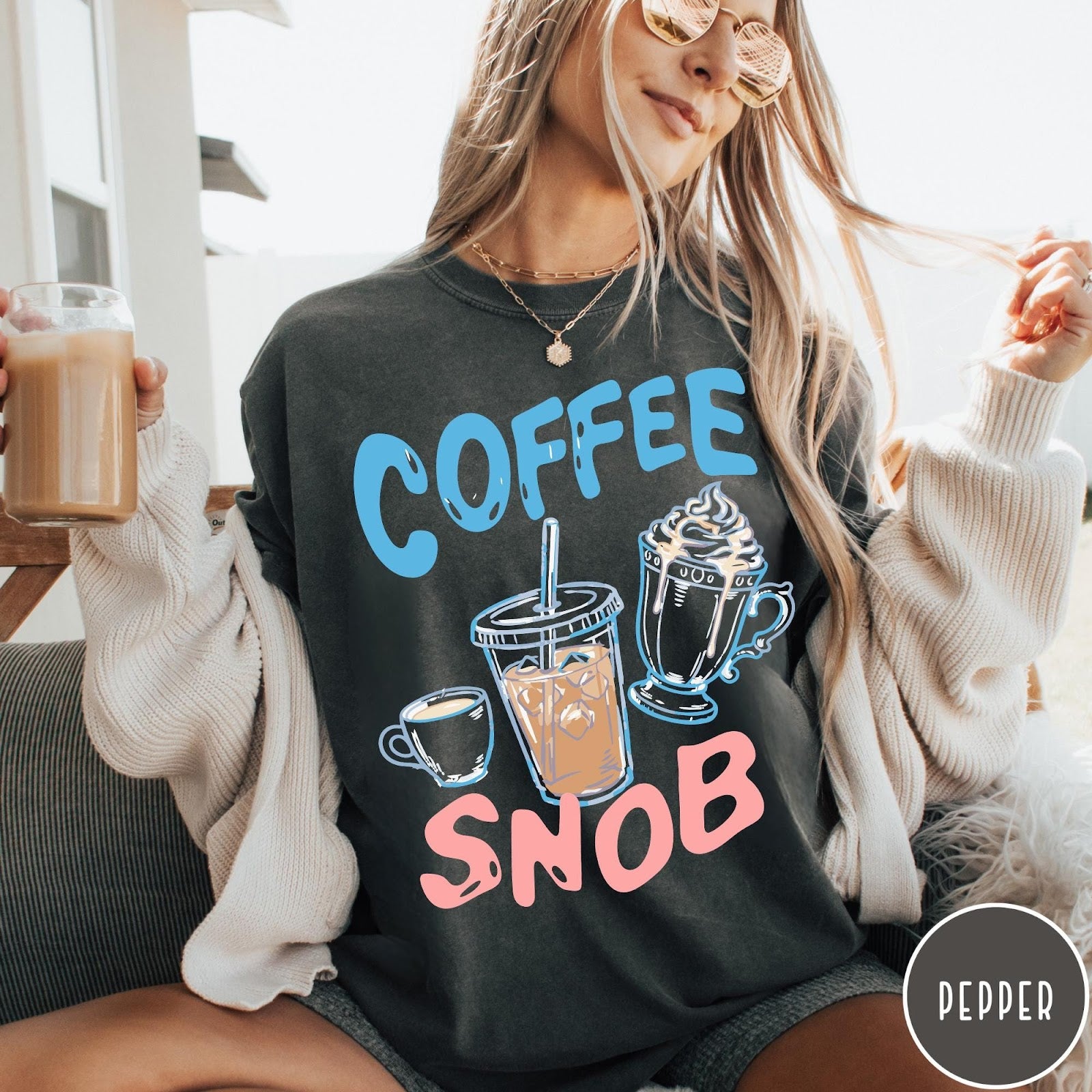 Comfort Colors tee in Pepper featuring illustrated coffee graphic with iced coffee, hot coffee, and whipped cream.