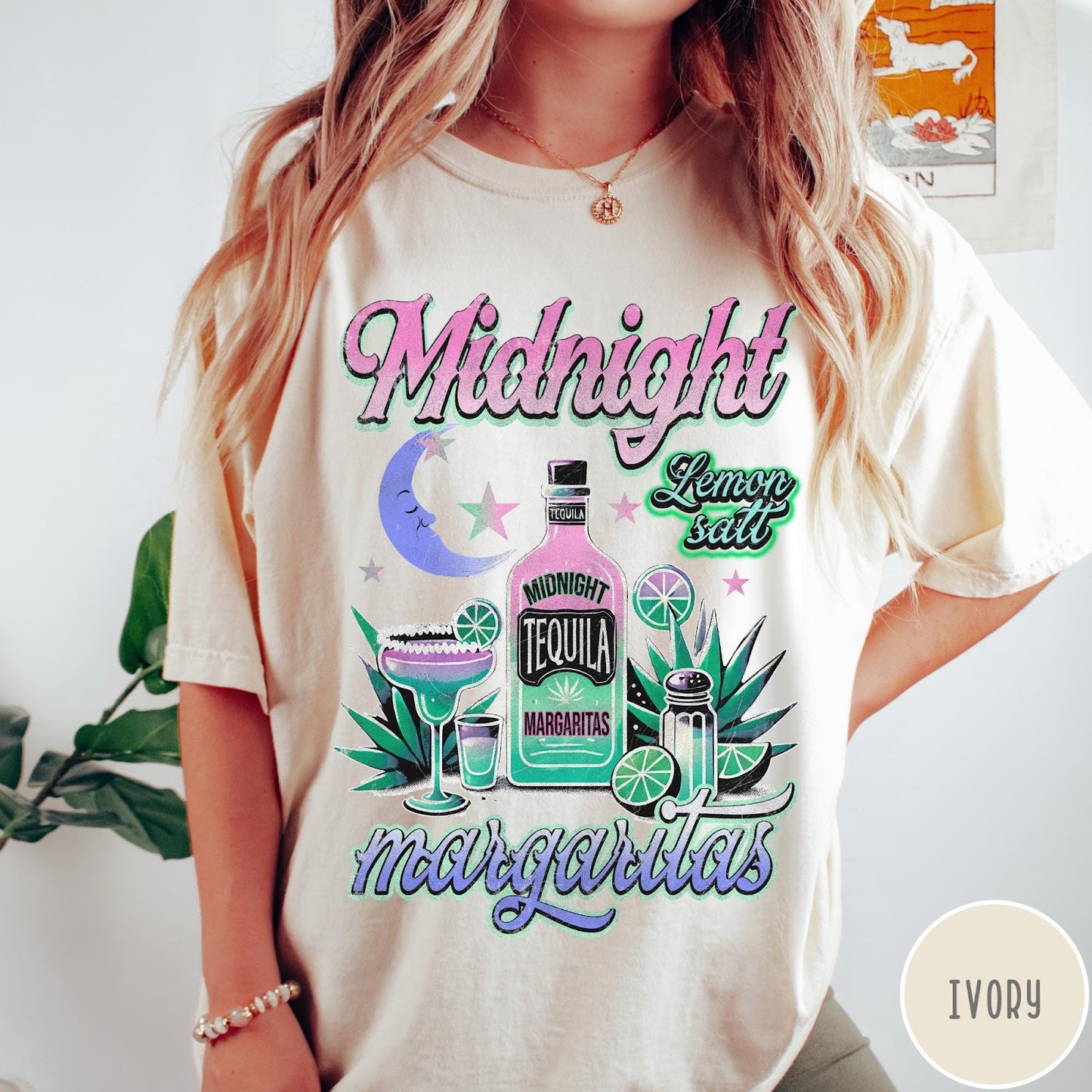 Comfort Colors tee in Ivory featuring retro style graphic with tequila bottle, margarita glass, and moon.