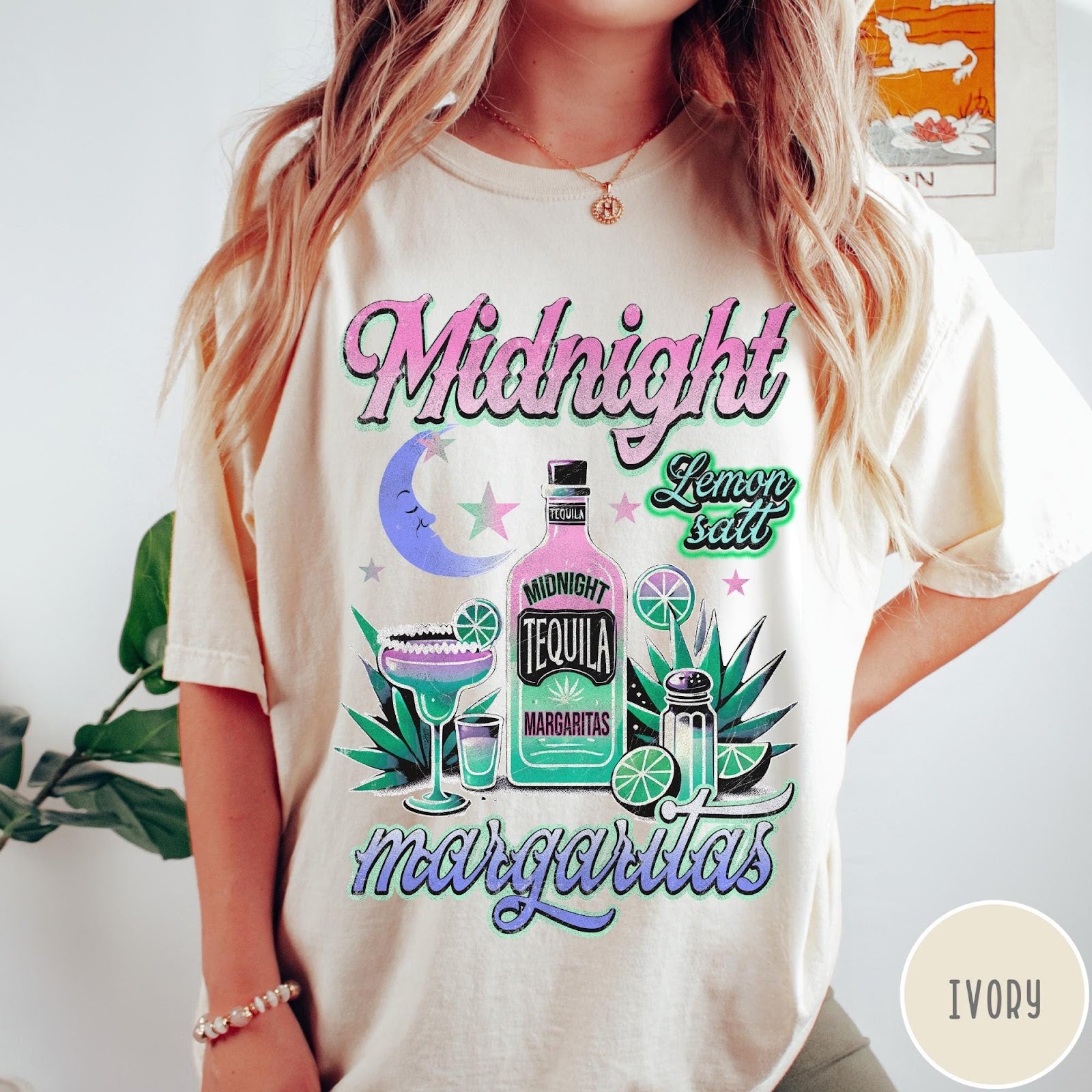 Comfort Colors tee in Ivory featuring retro style graphic with tequila bottle, margarita glass, and moon.