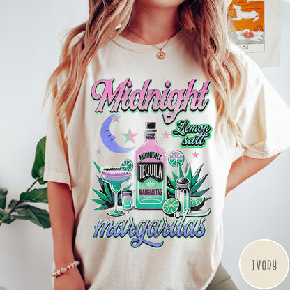 Comfort Colors tee in Ivory featuring retro style graphic with tequila bottle, margarita glass, and moon.