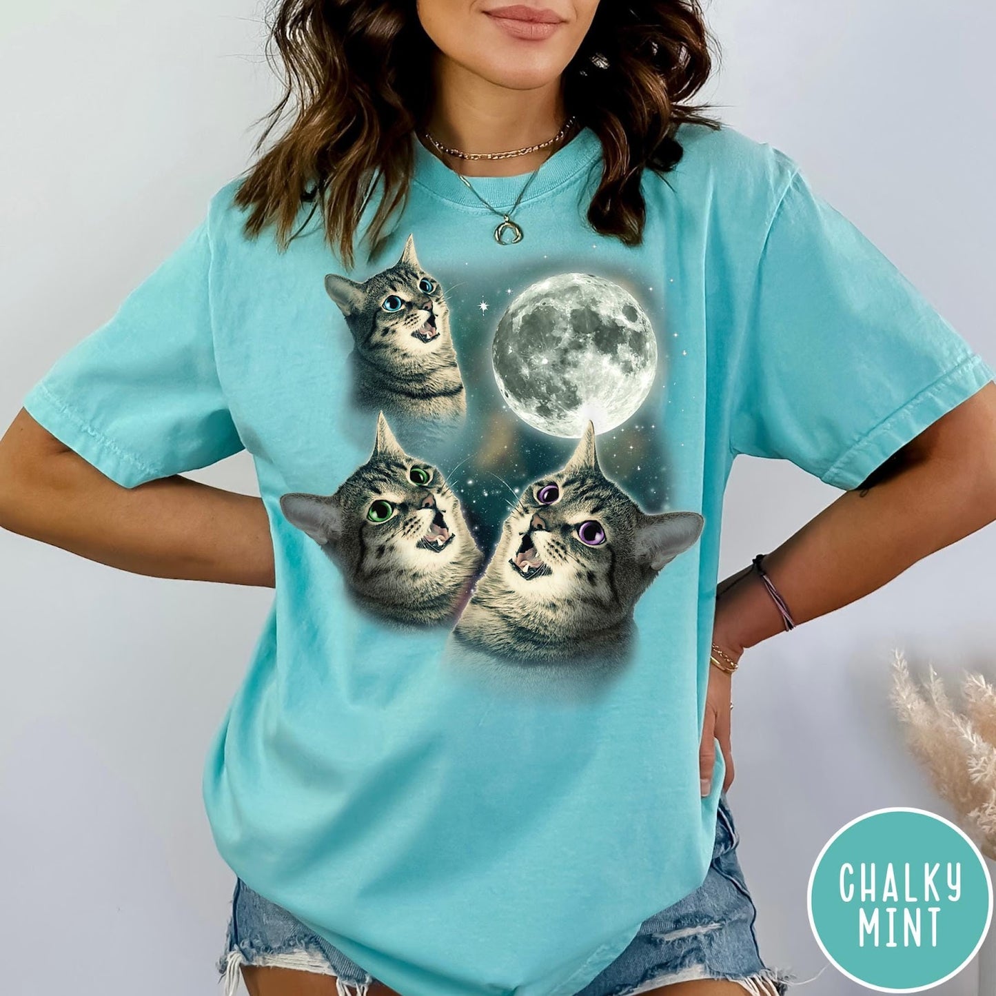 Comfort Colors tee in Chalky Mint featuring retro style graphic of three cats looking up at the moon