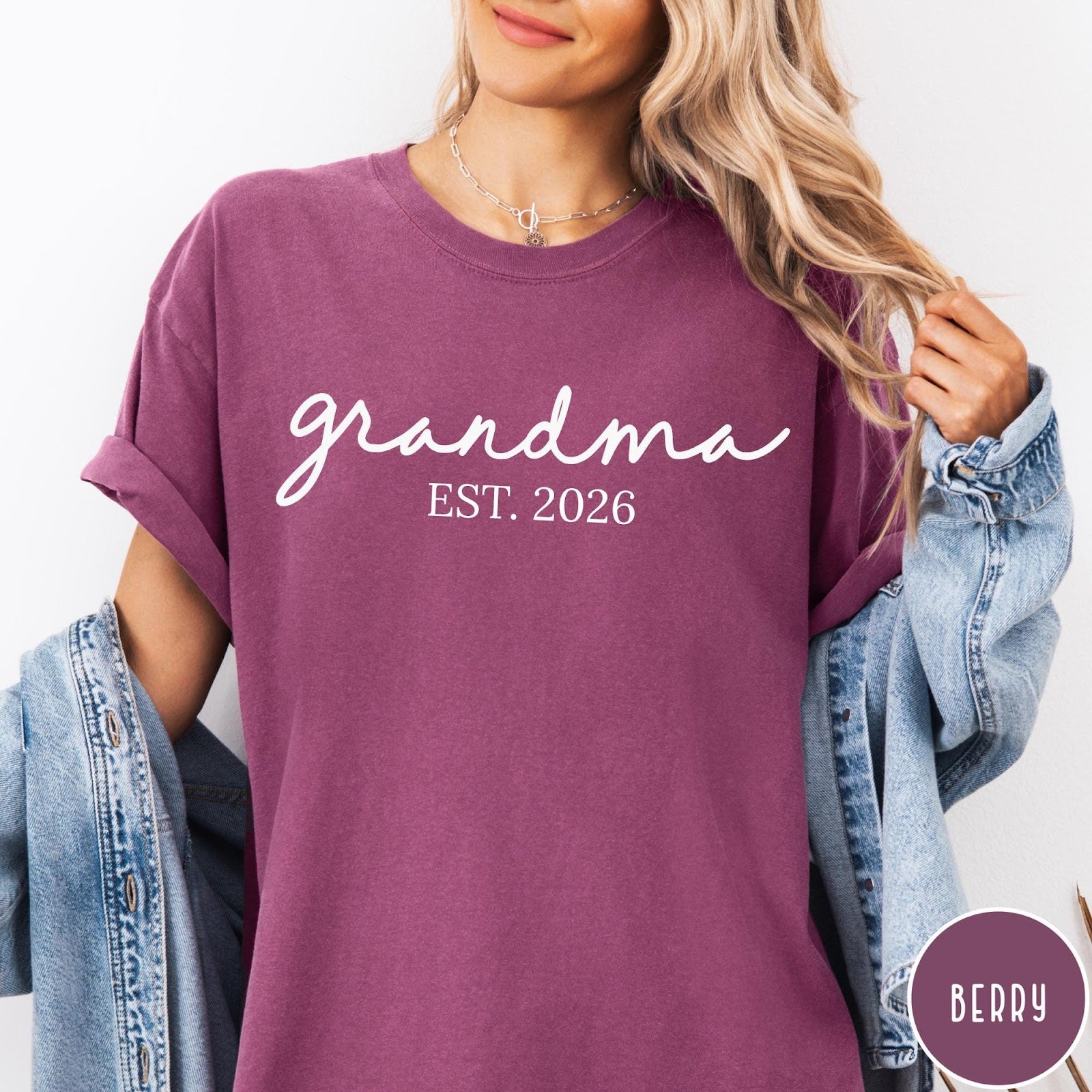 Comfort Colors tee in Berry featuring cursive Grandma Est 2026 text in a clean white graphic style