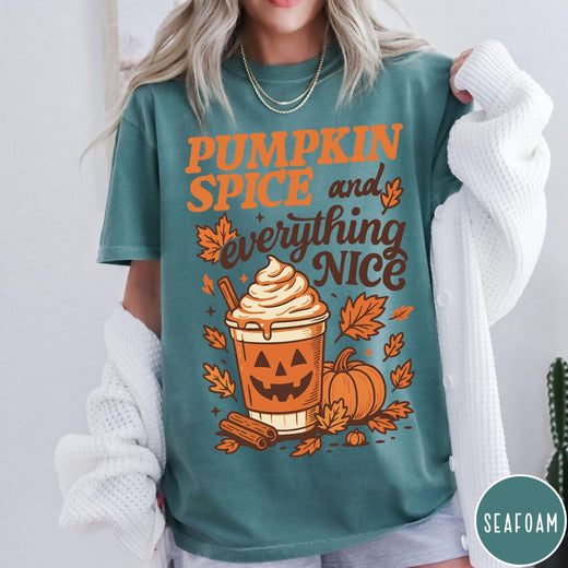 Comfort Colors tee in Seafoam featuring autumn design with pumpkin spice latte and fall leaves graphic