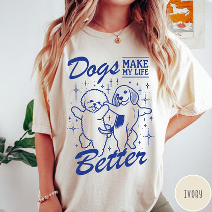 Comfort Colors tee in Ivory featuring line art graphic of two dogs dancing with stars and text