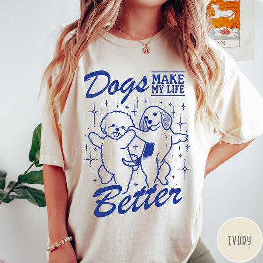 Comfort Colors tee in Ivory featuring line art graphic of two dogs dancing with stars and text