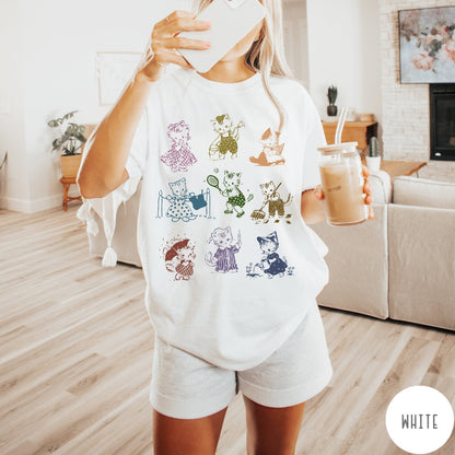 Comfort Colors tee in White featuring vintage retro style graphic of nine kittens doing various daily activities