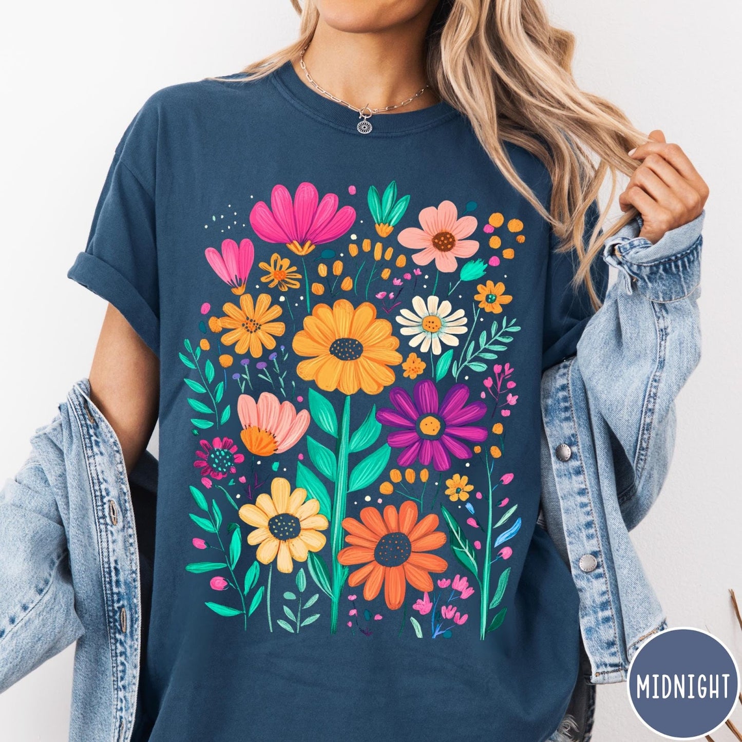 Comfort Colors tee in Midnight featuring boho floral design with colorful hand-drawn style garden flowers