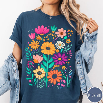 Comfort Colors tee in Midnight featuring boho floral design with colorful hand-drawn style garden flowers