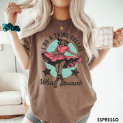 Comfort Colors tee in Espresso featuring cowgirl design style with a dancing woman in a pink dress