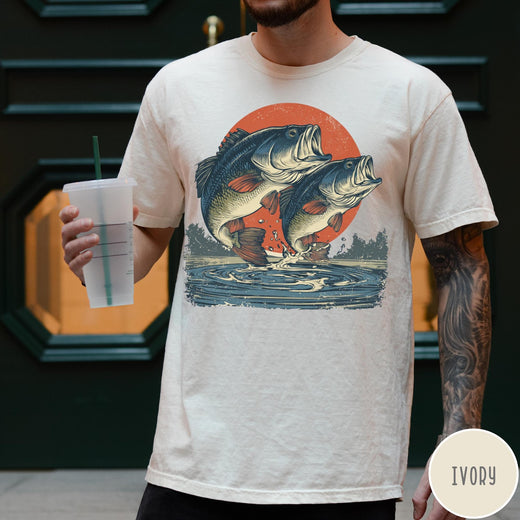 Comfort Colors tee in Ivory featuring vintage style graphic of two bass fish jumping out of water