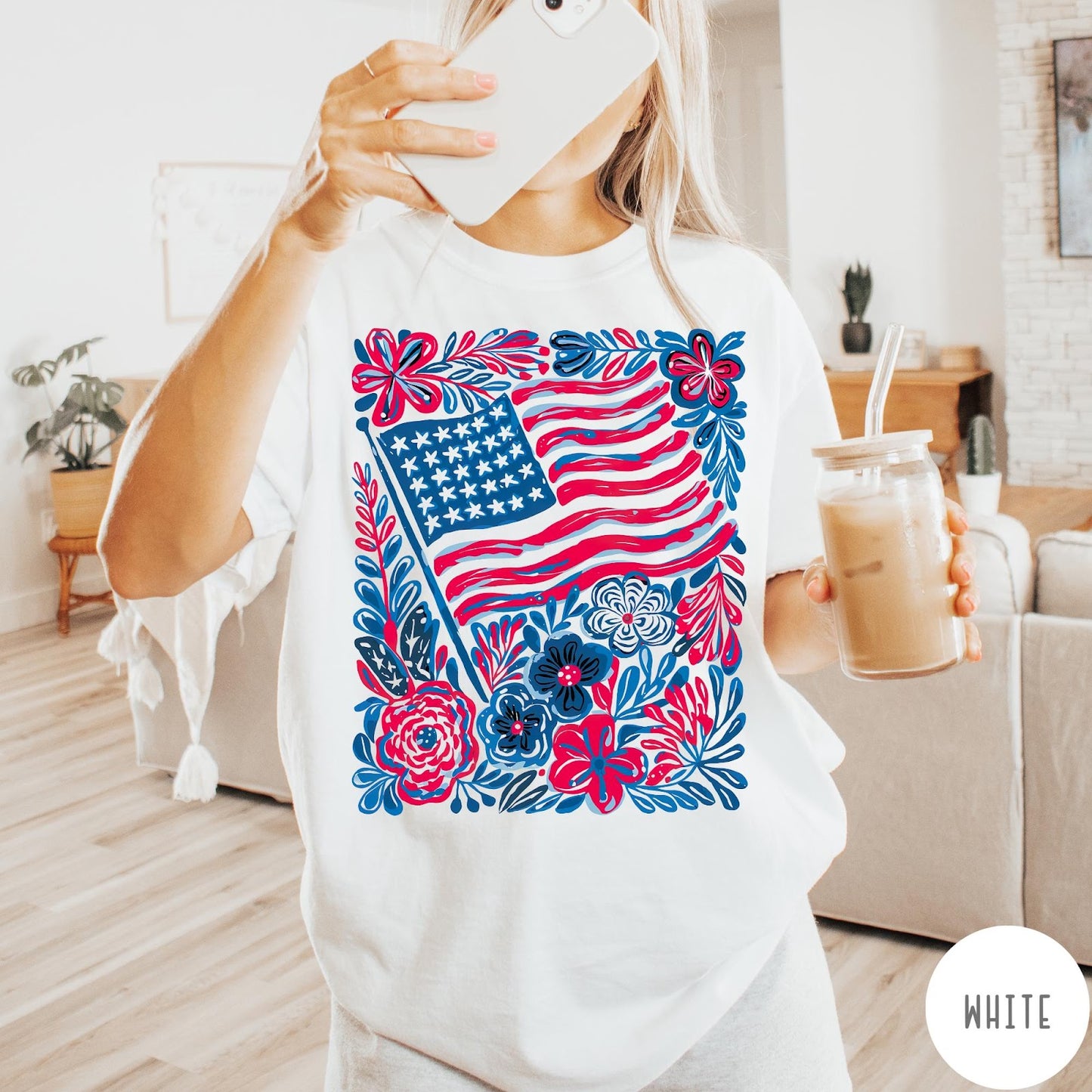 Comfort Colors tee in White featuring boho floral design with an American flag and colorful flowers
