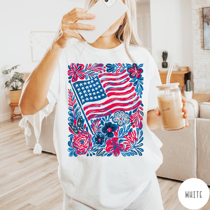 Comfort Colors tee in White featuring boho floral design with an American flag and colorful flowers
