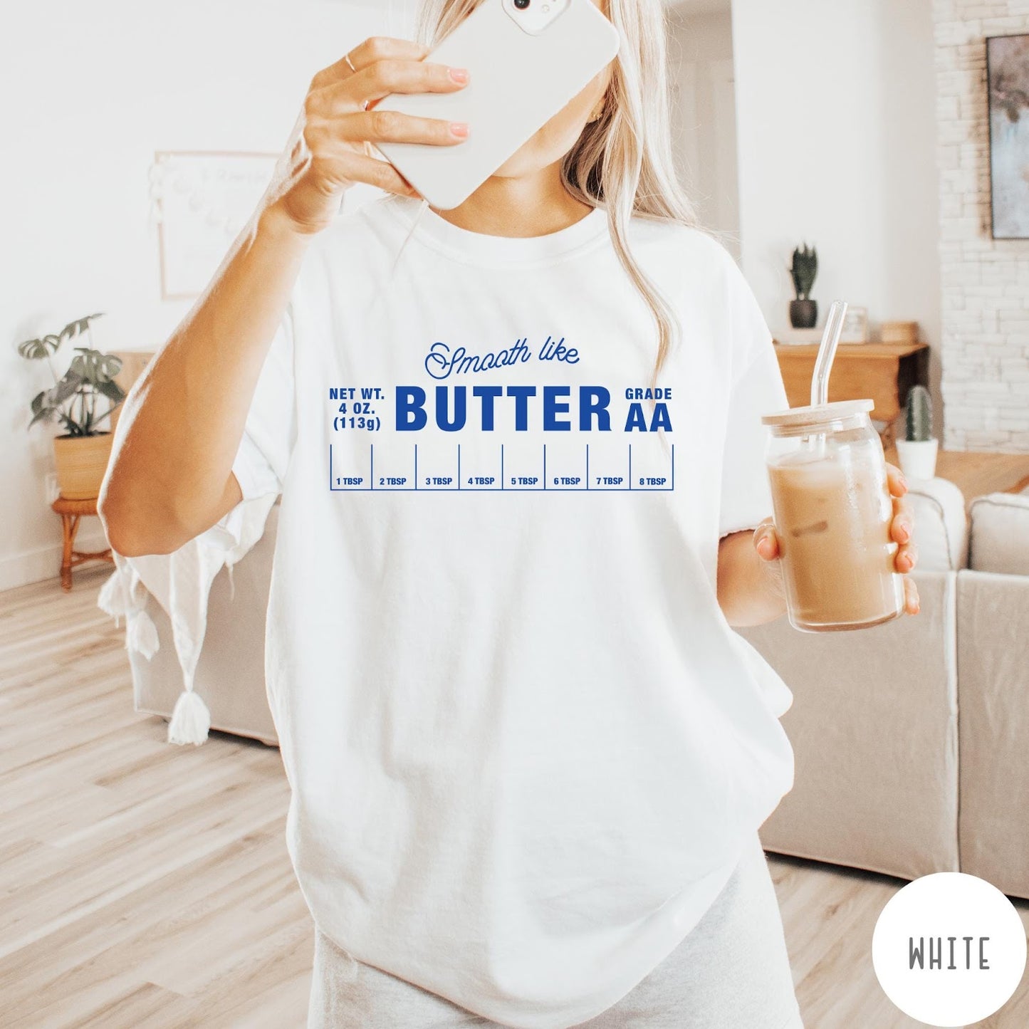 Comfort Colors tee in White featuring a graphic design of a butter wrapper with measurements and text.