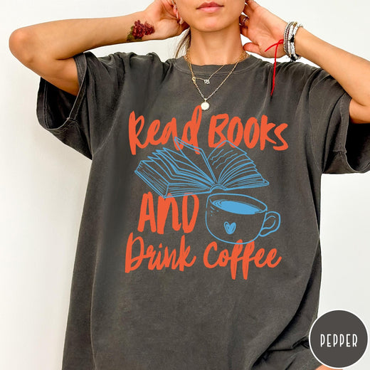 Comfort Colors tee in Pepper featuring books and coffee graphic design with open book and coffee cup