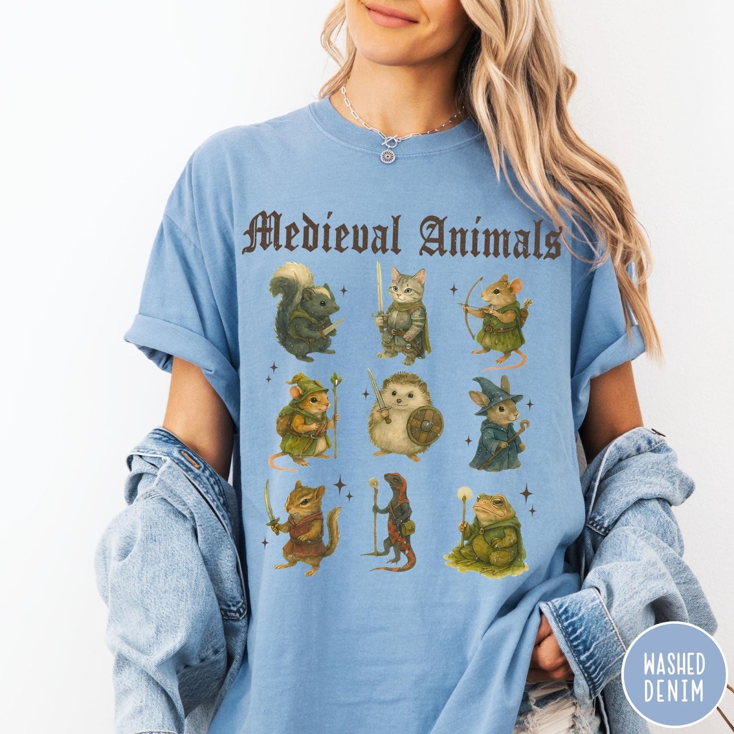 Comfort Colors tee in Washed Denim featuring medieval fantasy style graphic of nine various animals in knightly attire