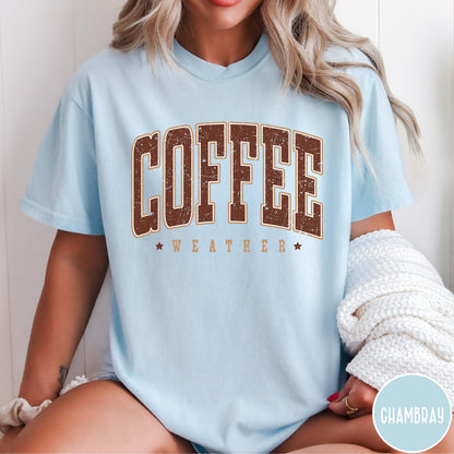 Comfort Colors tee in Chambray featuring collegiate style Coffee Weather graphic with distressed brown text and stars
