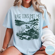Comfort Colors tee in Chambray featuring screen printed nature graphic with a frog sitting on a rock