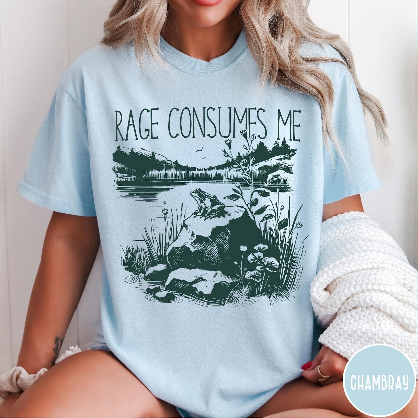 Comfort Colors tee in Chambray featuring screen printed nature graphic with a frog sitting on a rock