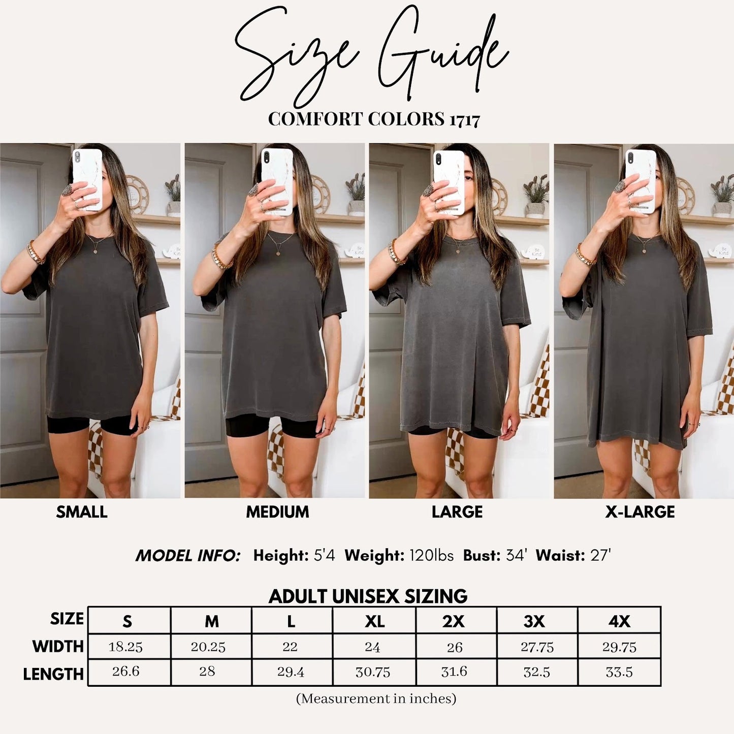 Comfort Colors tee size chart showing measurements for sizes S through 4XL with model reference information