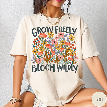 Comfort Colors tee in Ivory featuring wildflower design with colorful flowers and Grow Freely Bloom Wildly text