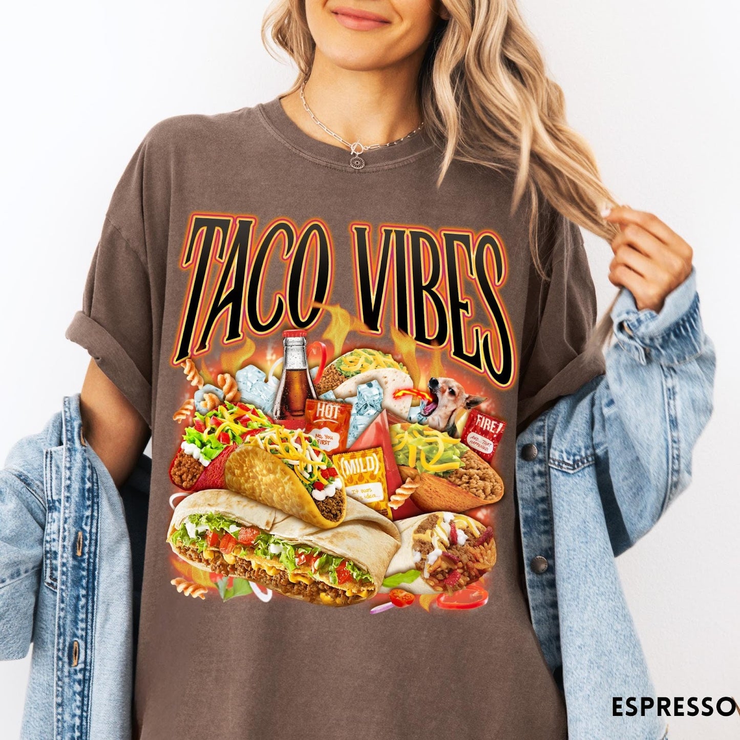 Comfort Colors tee in Espresso featuring retro style graphic with tacos, hot sauce, and a chihuahua dog